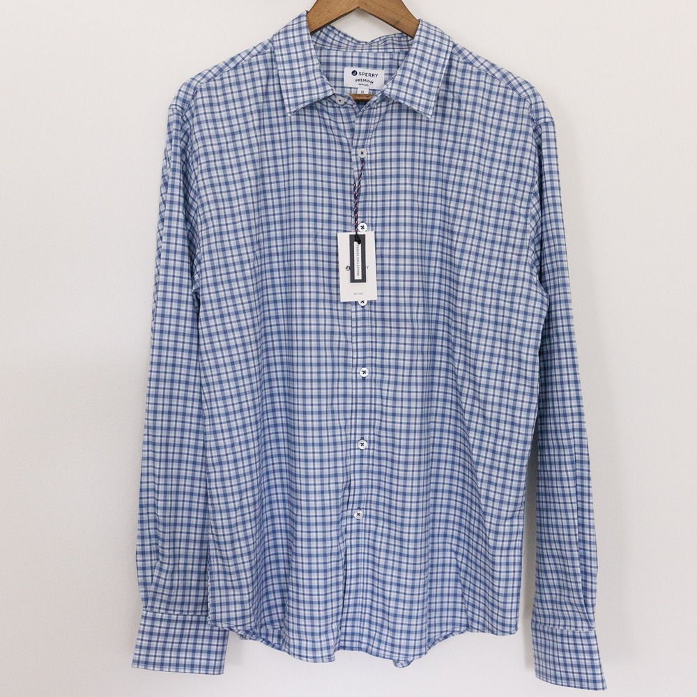 Sperry Premium Apparel Mens XL Navy Plaid Tencel Blend Button Down Shirt